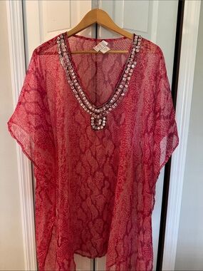 Beaded V-Neck Sheer Red Caftan Cover-Up